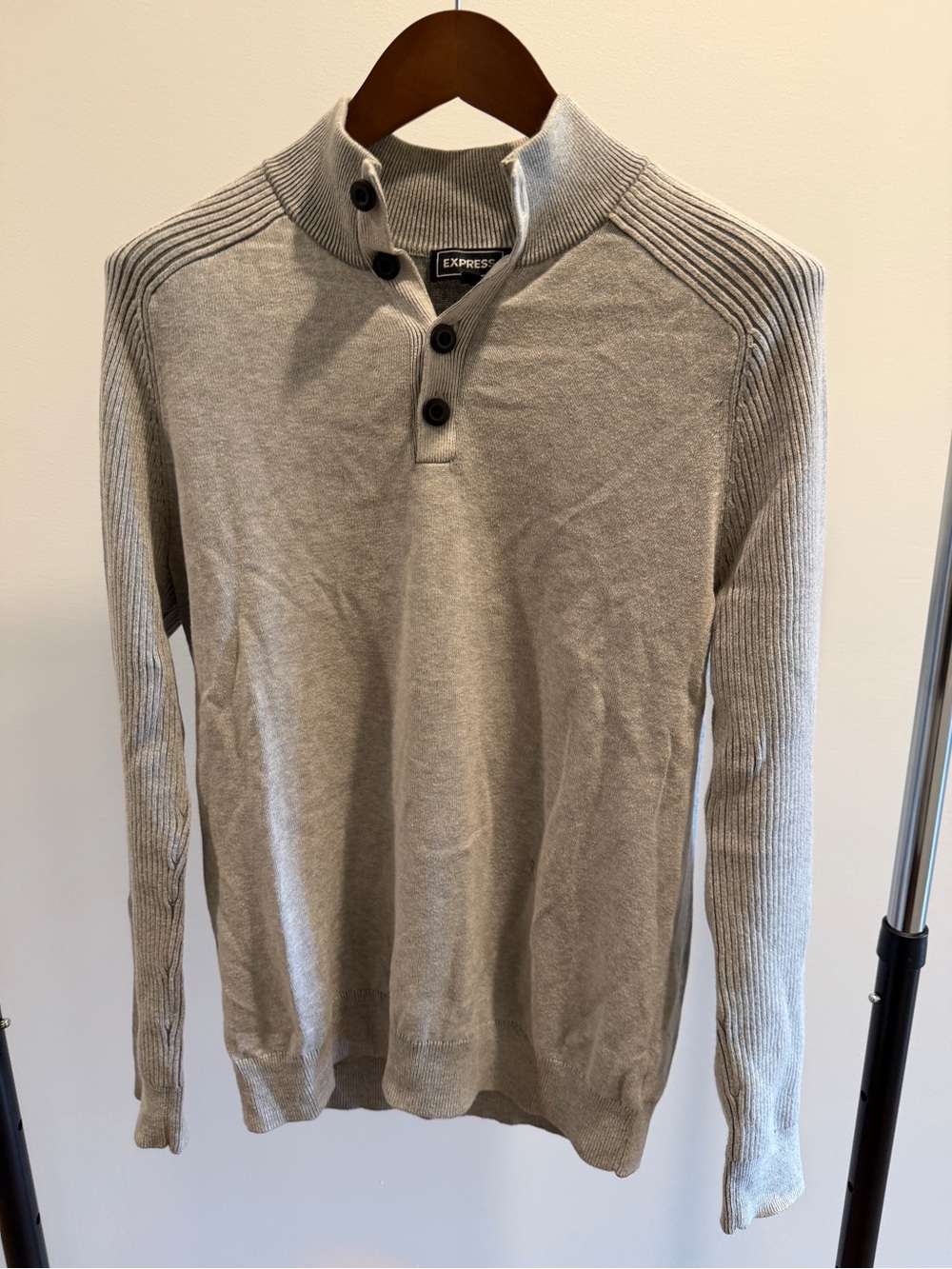 Express Men's Light Gray Henley Zip-Style Mock Neck Sweater
